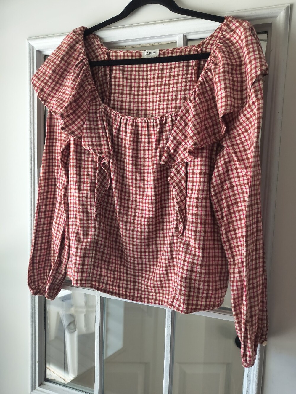 J. Crew Red and White Gingham Ruffle Peasant Blouse